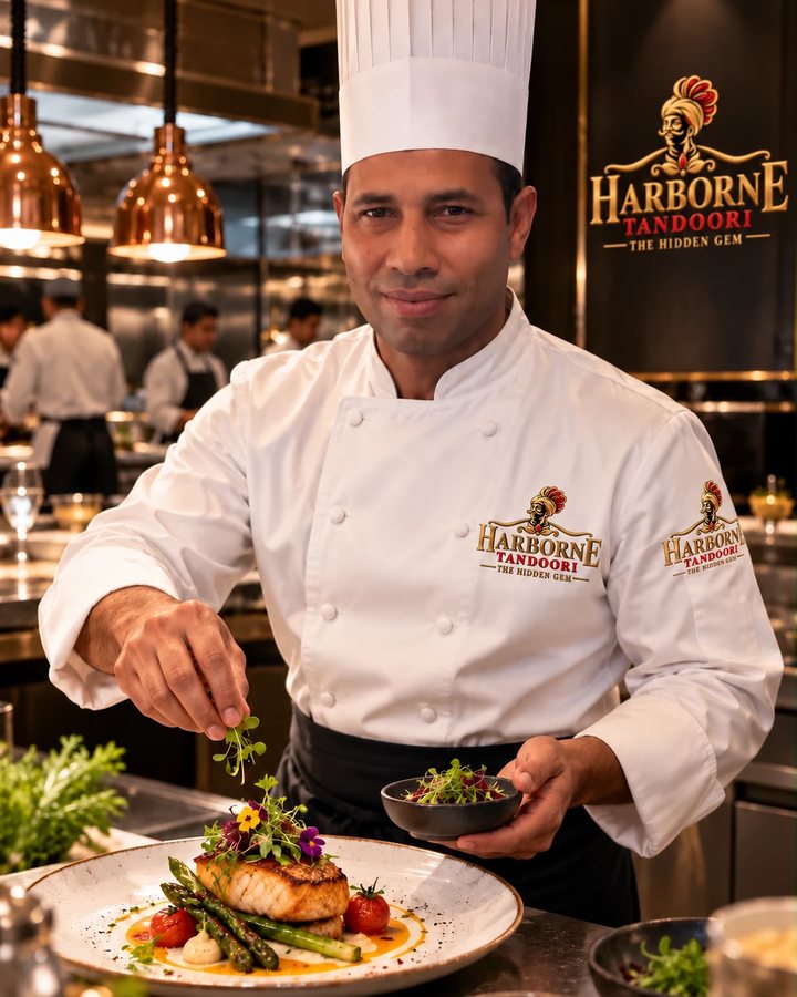 A chef plating a dish in the kitchen